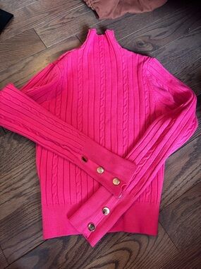 Unlisted Hot Pink Cable Knit Mock Neck Sweater with Gold Buttons